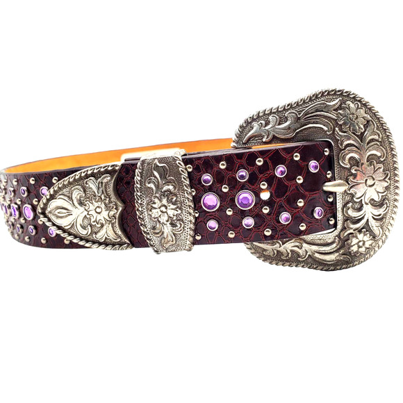 Ariat Burgundy Leather Bling Belt 26 Crystal Reptile Print Tooled Buckle Western - Picture 9 of 11